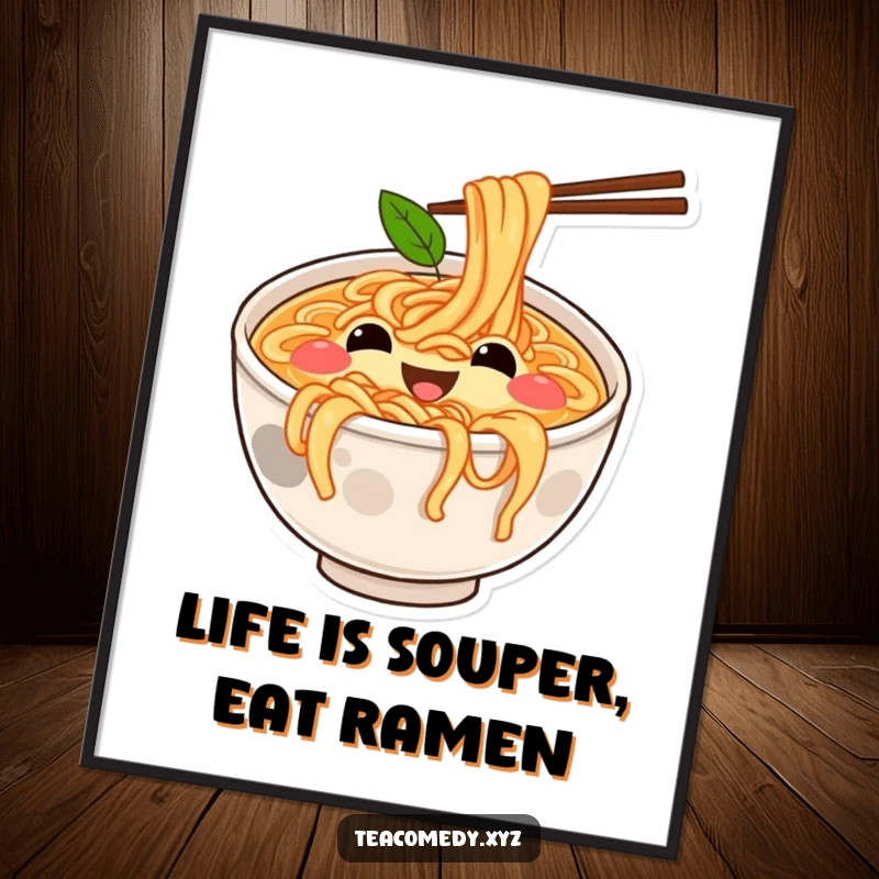 Funny Free Printable Wall Art of a joyful ramen bowl with eyes and mouth bouncing on springy noodles, a quirky decor piece.