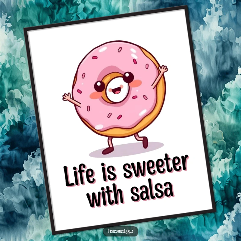 Funny Free Printable Wall Art: A playful donut with legs doing a fun salsa dance move.