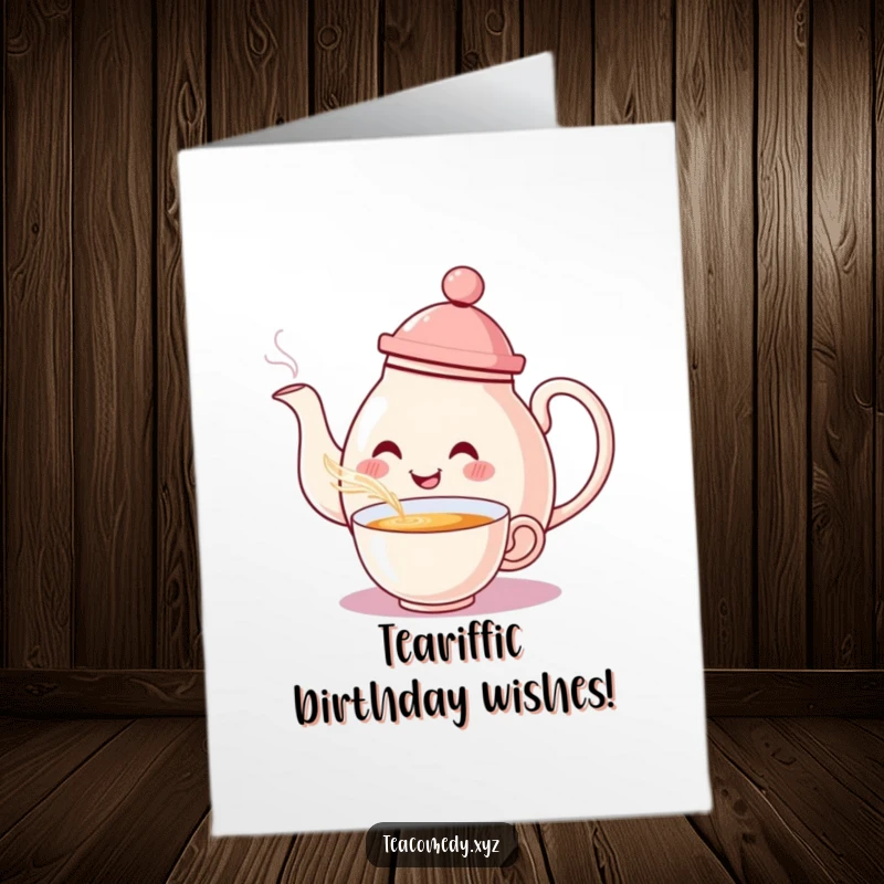 Funny Free Printable Birthday Card: A smiling teapot wearing a hat, pouring a steaming cup of tea with flair.