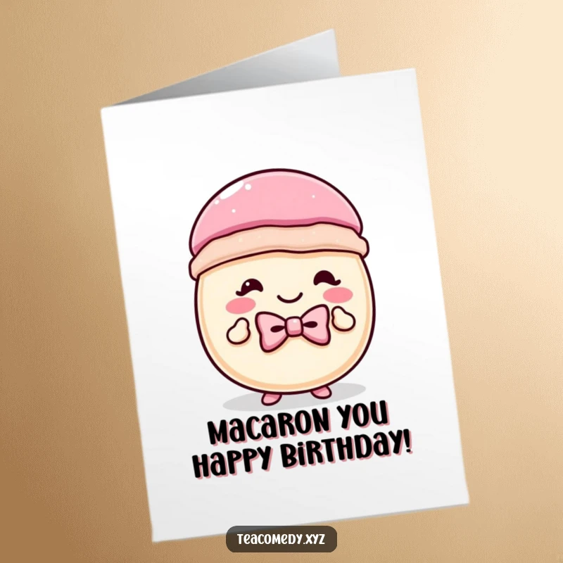 Funny Free Printable Birthday Card: A happy macaron in a bowtie doing a cheerful curtsey.