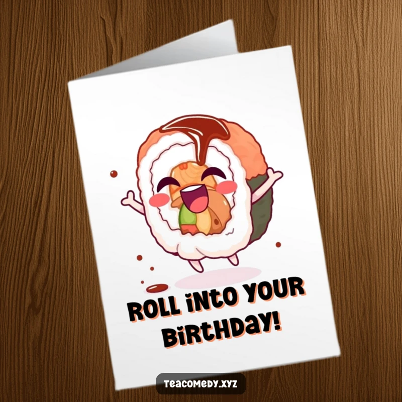 Funny Free Printable Birthday Card: Giggling sushi roll character does a joyful spin with a soy sauce drizzle, celebrating happily.