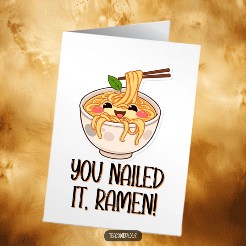 Funny Free Printable Congratulations Card of a joyful ramen bowl bouncing on noodles, celebrating a happy occasion.