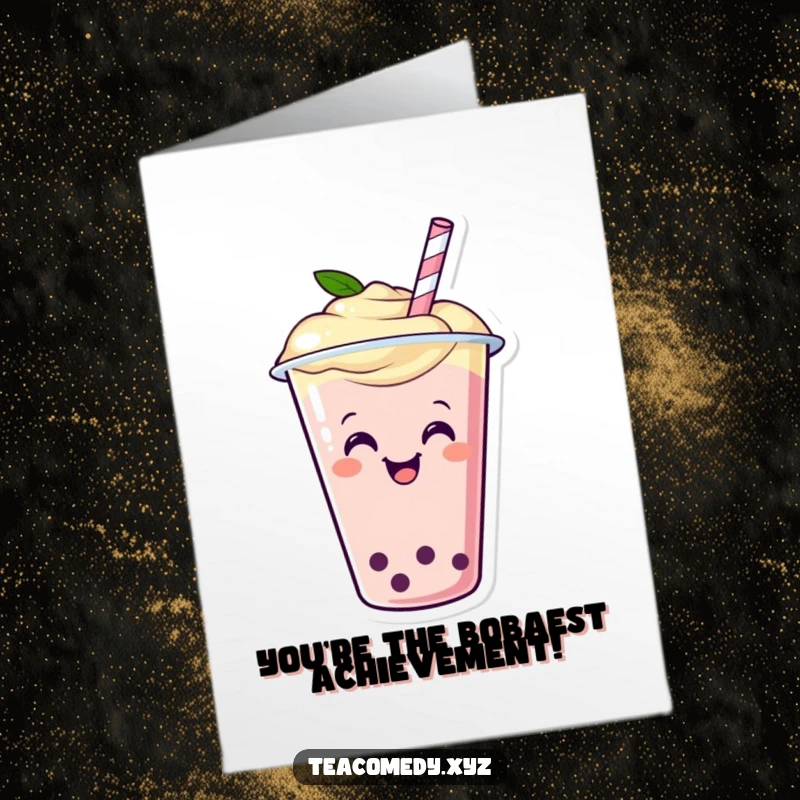 Funny Free Printable Congratulations Card featuring a happy boba tea cup with a straw, wiggling with excitement and joy.