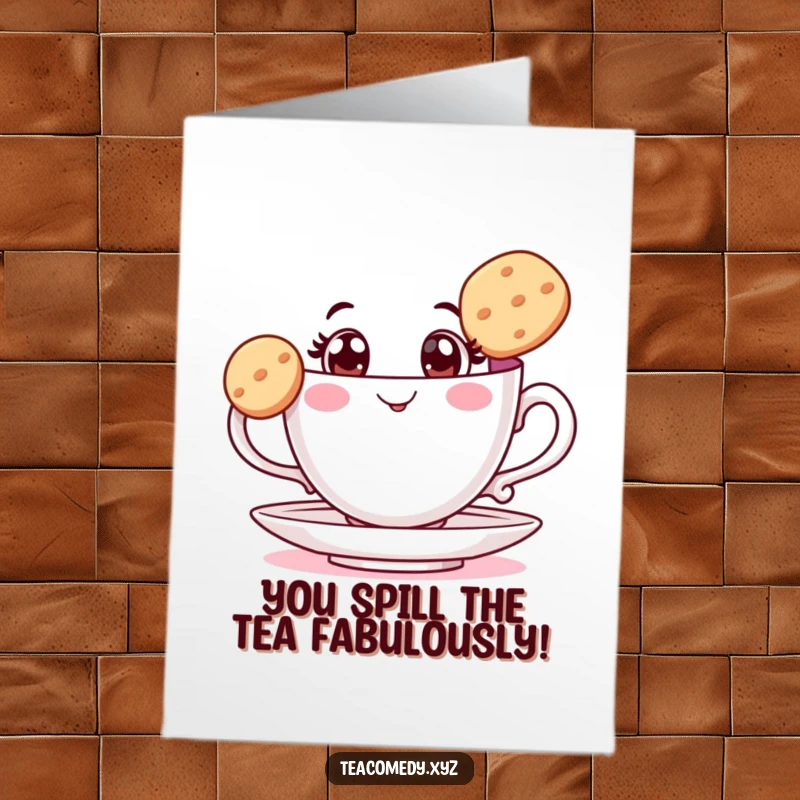 Funny Free Printable Congrats Card: A cheerful teacup with wide eyes balancing a biscuit perfectly.