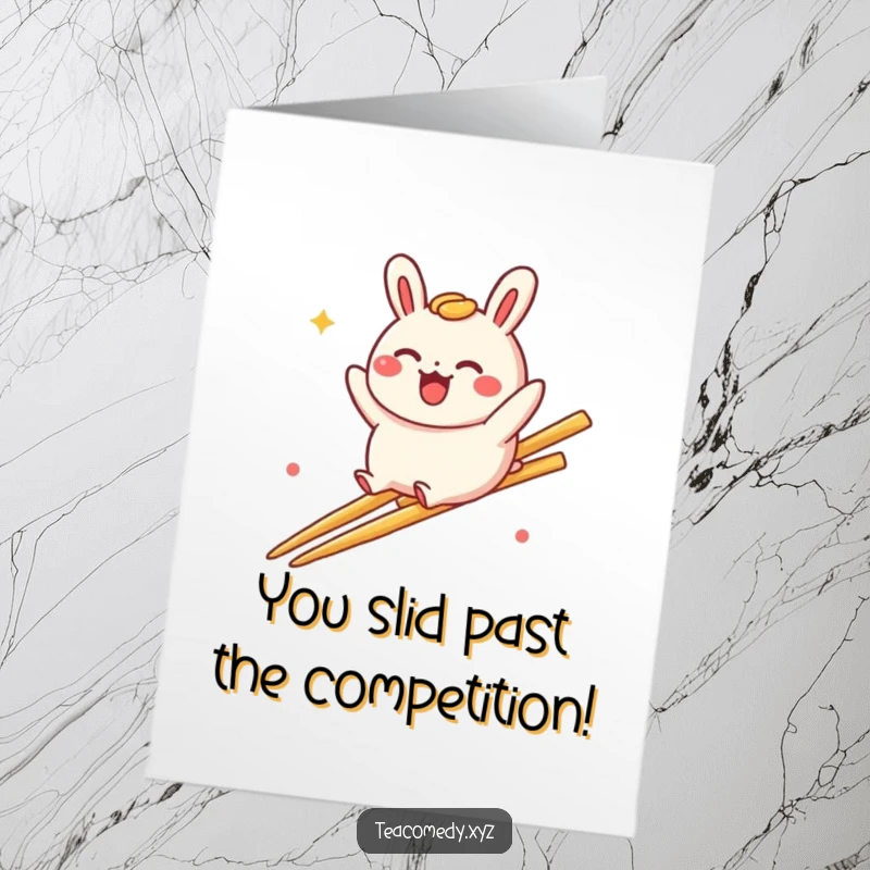 Funny Free Printable Congratulations Card: Delighted bao bun character slides down a chopstick rainbow, celebrating a triumph.
