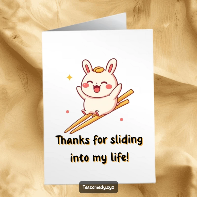 Funny Free Printable Thank You Card: Delighted bao bun character slides down a chopstick rainbow, sending thanks with joy.