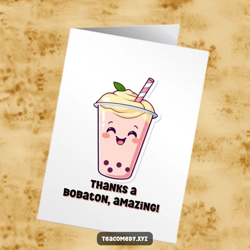 Funny Free Printable Thank You Card of a happy boba tea cup with a straw wiggling with glee, conveying thanks.