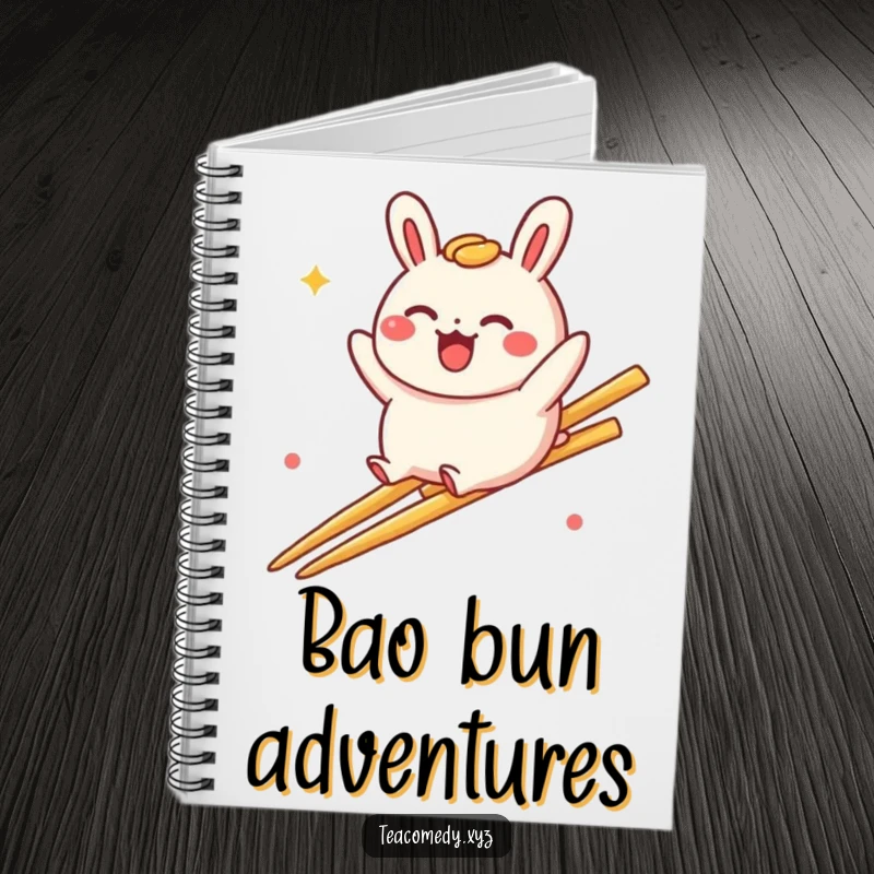 Funny bao bun notebook featuring a delighted bao bun character sliding down a rainbow made of chopsticks, ideal for journaling.