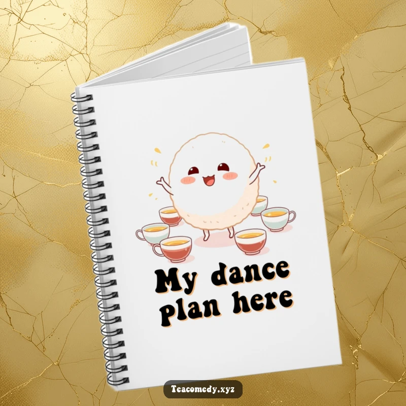 Funny notebook with a cover illustration of a joyful rice ball character dancing surrounded by miniature tea cups, perfect for witty entries.