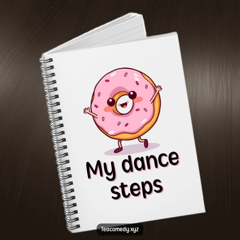 Funny donut notebook featuring a small-legged pastry salsa dancing, ideal for jotting down notes with a dose of humor.