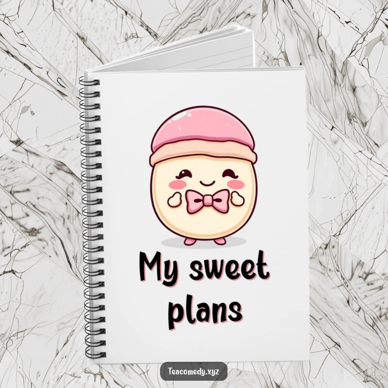 Funny macaron notebook with a tiny bowtie performing a curtsey, ideal for jotting down notes with a touch of sweet humor.