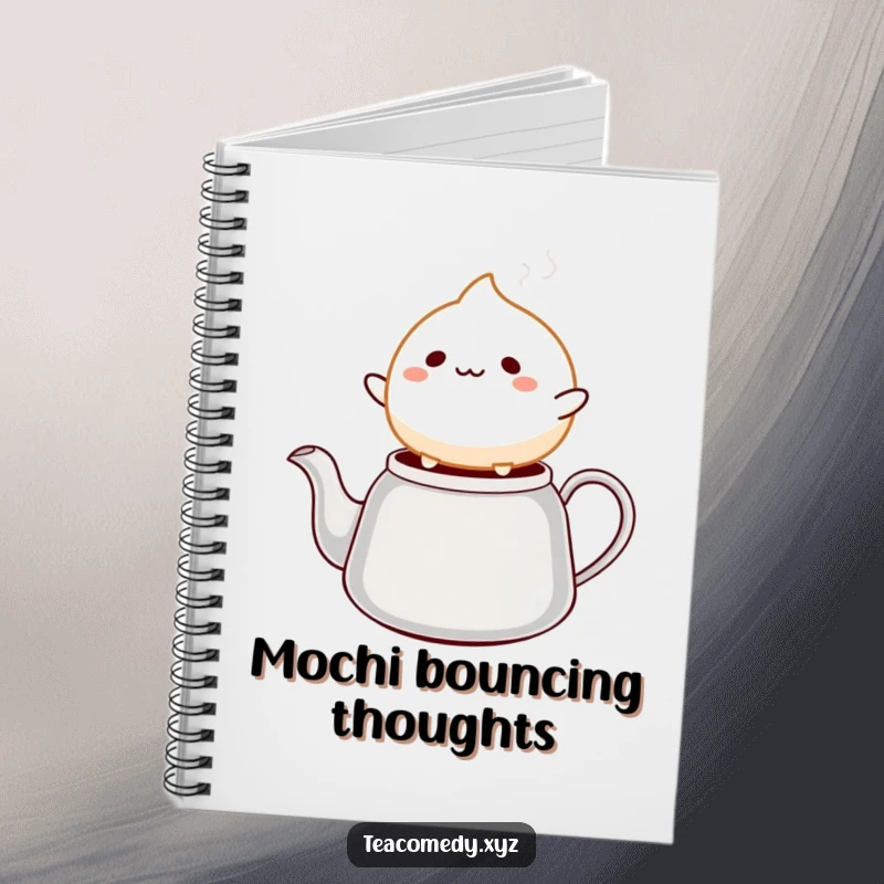 Funny mochi notebook featuring a cheerful mochi ball character bouncing on a steaming tea kettle spout, ideal for journaling.