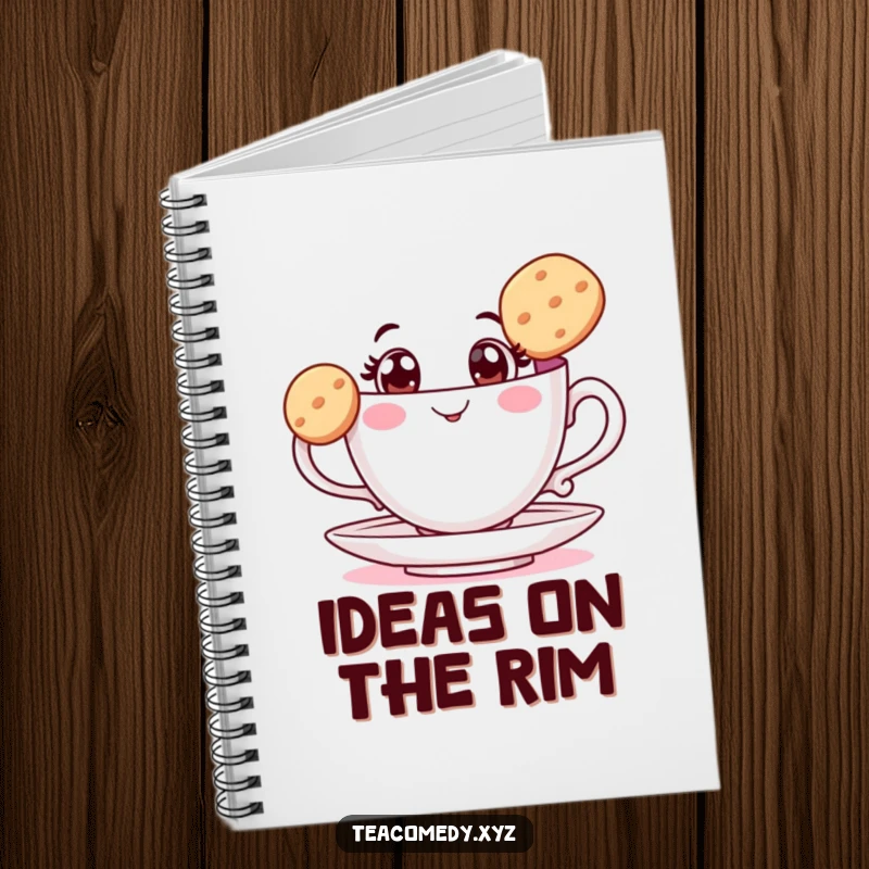 Funny teacup notebook with wide eyes balancing a biscuit, ideal for jotting down notes with a touch of delicate humor.
