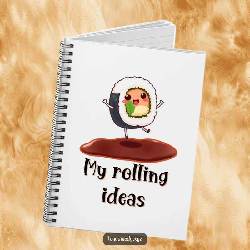Funny notebook with a cheerful sushi roll dancing on a soy sauce puddle, cartoon stationery.