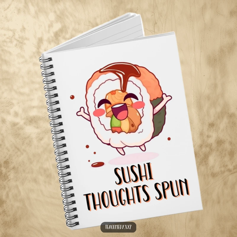 Funny sushi roll notebook featuring a giggling sushi roll character spinning joyfully with a soy sauce drizzle, ideal for journaling.
