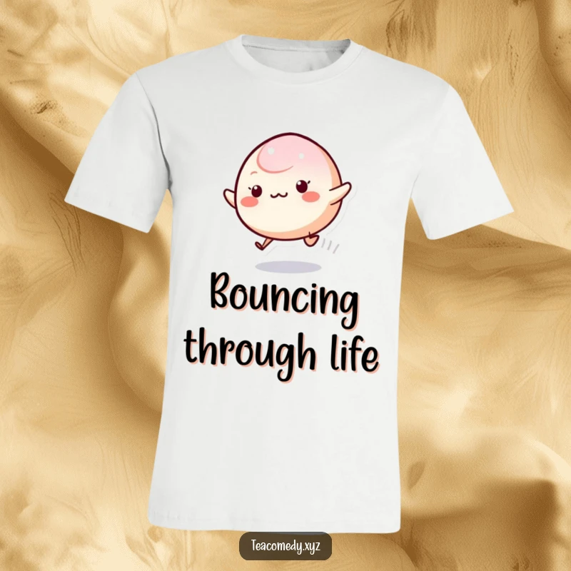 Funny Mochi T-Shirt showcasing an adorable, energetic mochi character in mid-bounce, radiating pure, playful excitement.