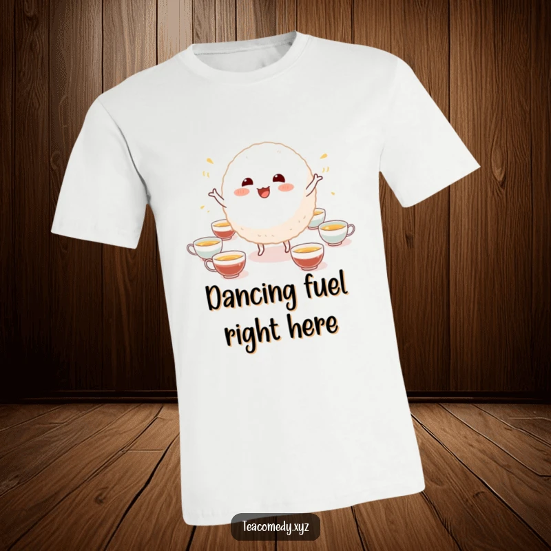 Funny t-shirt showcasing a cheerful rice ball character in a silly dance pose, surrounded by miniature tea cups, making a great gift.