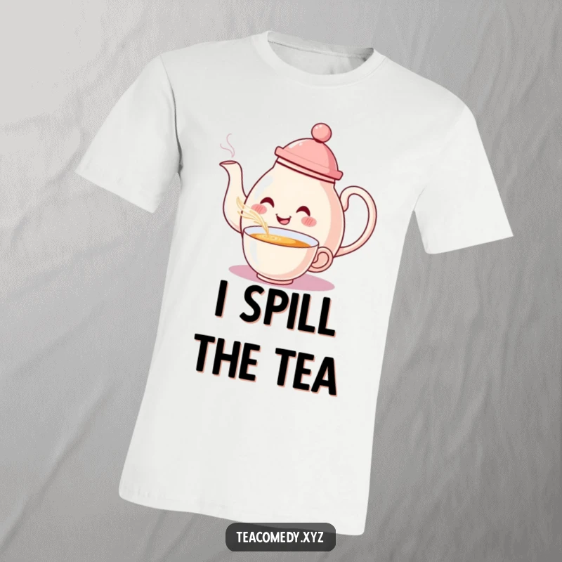 Funny Teapot T-Shirt: A smiling teapot in a hat pouring tea with a stylish flourish, radiating warmth.