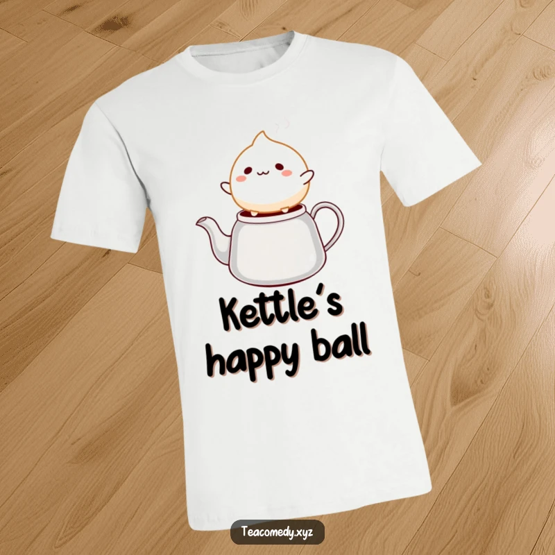 Funny mochi t-shirt with a cheerful mochi ball character happily bouncing on a steaming tea kettle spout, full of life.