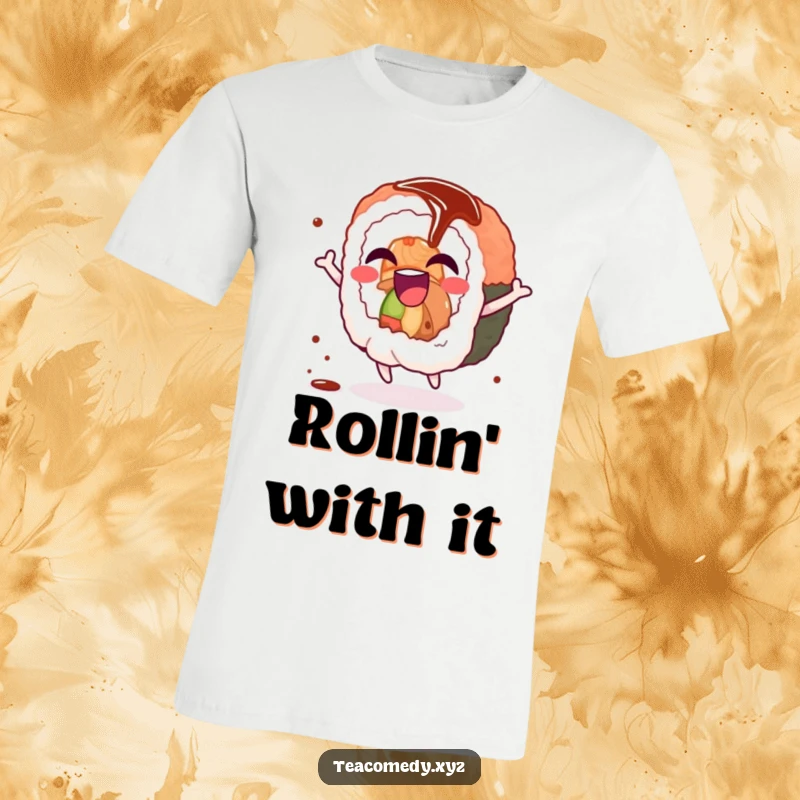 Funny sushi roll t-shirt with a giggling sushi roll character doing a joyful spin with a soy sauce drizzle, full of energy.