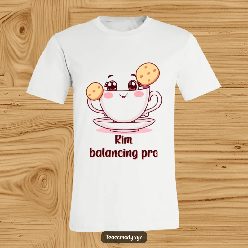 Funny teacup t-shirt featuring a cheerful cup with wide eyes, balancing a biscuit, showcasing a moment of delicate, humorous skill.