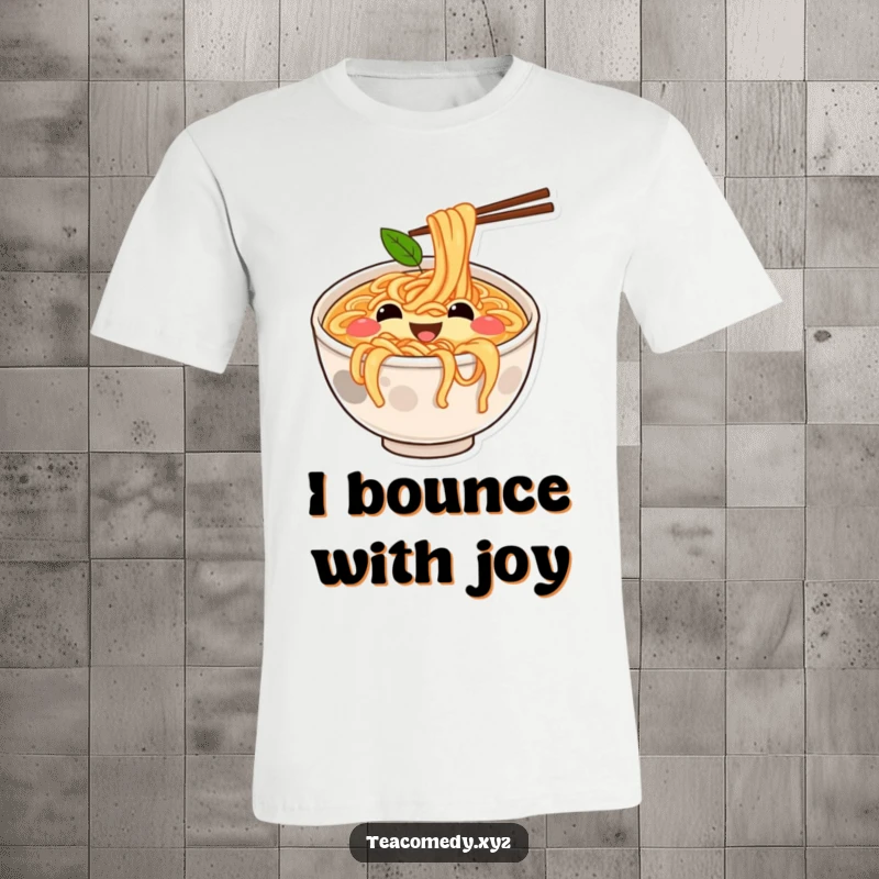 Funny t-shirt featuring a joyful ramen bowl with simple eyes and mouth bouncing on springy noodles, a cute food design.