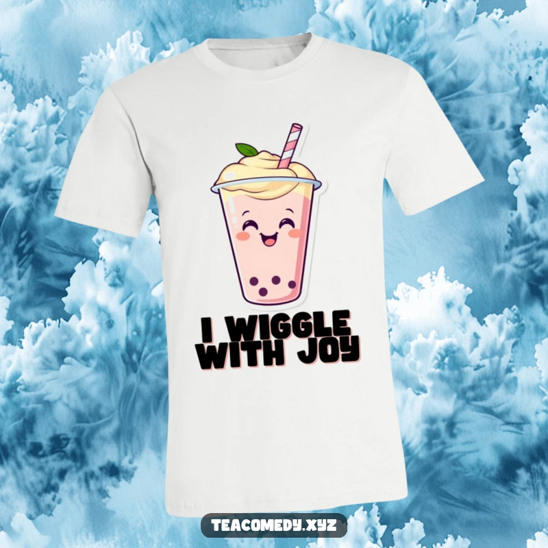 Funny t-shirt featuring a happy boba tea cup with a straw wiggling with glee, a cute cartoon character.