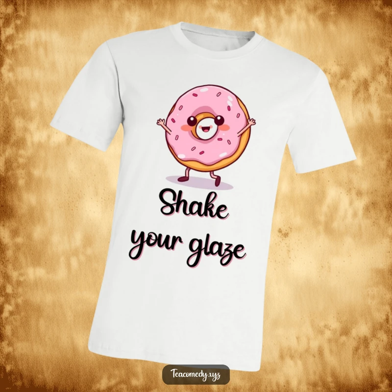 Funny donut t-shirt with little legs performing a lively salsa dance, radiating fun and delicious energy, a foodie's delight.