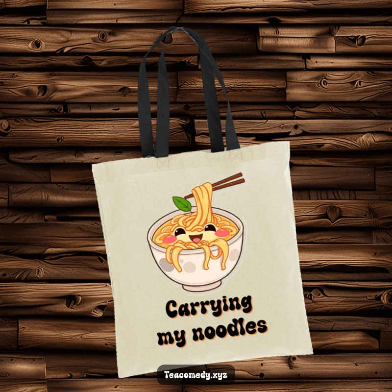 Funny tote bag showcasing a joyful ramen bowl with simple eyes and mouth bouncing energetically on springy noodles, cute cartoon.