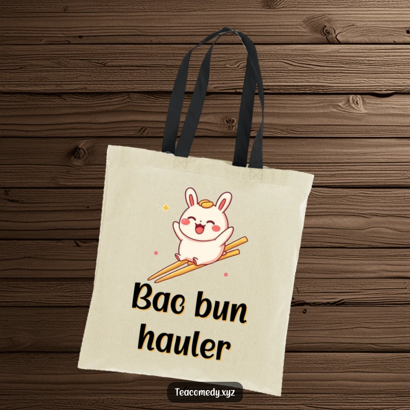 Funny bao bun tote bag with a delighted bao bun character playfully sliding down a rainbow made of chopsticks, perfect for daily use.
