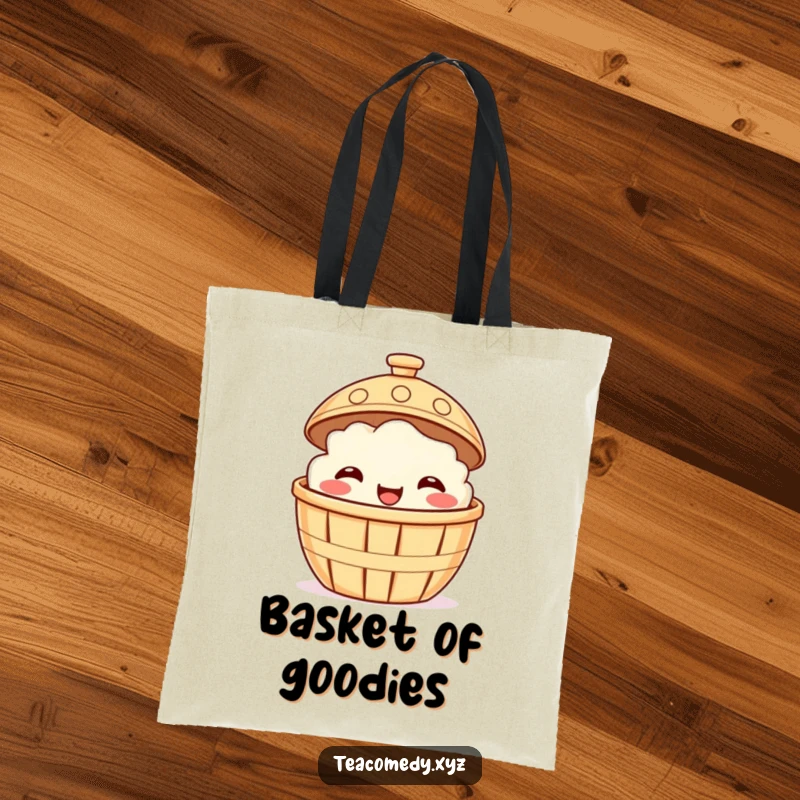 Funny tote bag showcasing a smiling dim sum basket peeking from under a steaming lid, cute cartoon illustration.