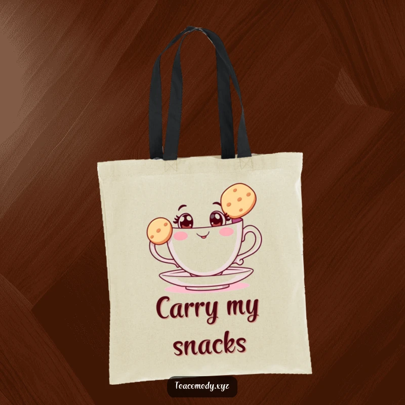 Funny teacup tote bag with wide eyes balancing a biscuit, functional and humorous for carrying daily essentials with style.