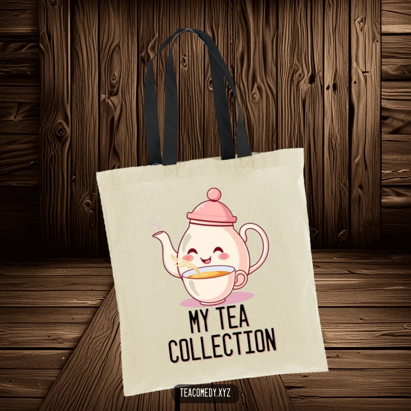 Funny Teapot Tote Bag: A smiling teapot with a hat pouring steaming tea with a graceful flourish.